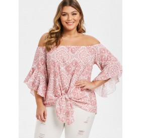 Plus Size Off Shoulder Print Bell Sleeve Knotted Blouse - Rose 1x