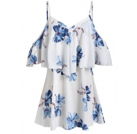 Plus Size Cami Floral Print Open Shoulder Blouse - White L
