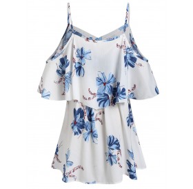 Plus Size Cami Floral Print Open Shoulder Blouse - White L