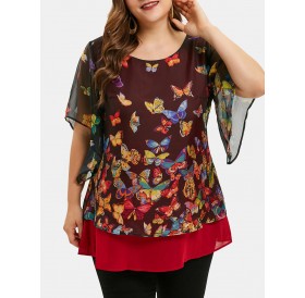 Plus Size Butterfly Print Overlay Blouse -  L