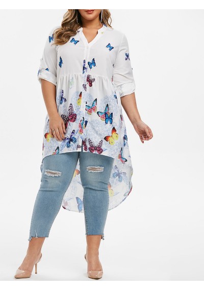 Plus Size Butterfly Print High Low Button Up Top - White L