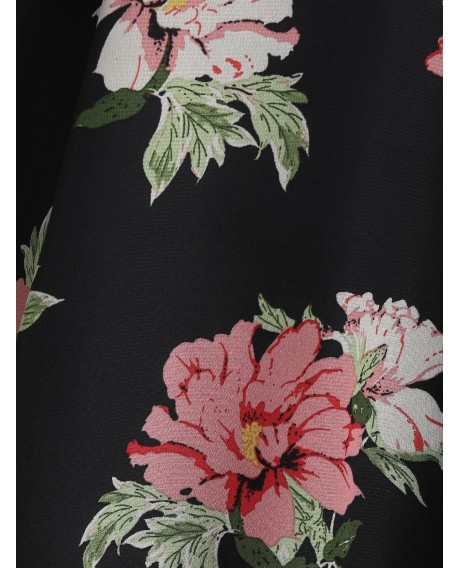 Plus Size Floral Print Overlay Cold Shoulder Blouse - Black L