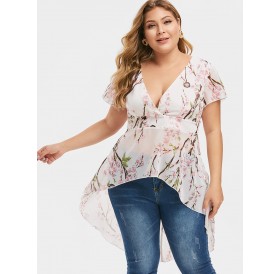Plus Size Plunging Neck Peach Blossom High Low Blouse - Pink L