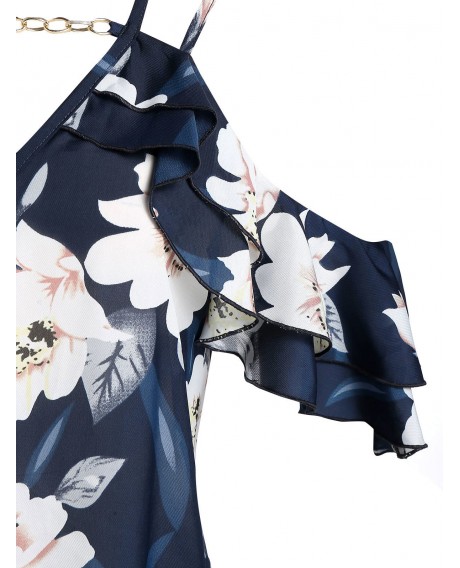 Plus Size Cold Shoulder Ruffled Floral Print Blouse - Denim Dark Blue L