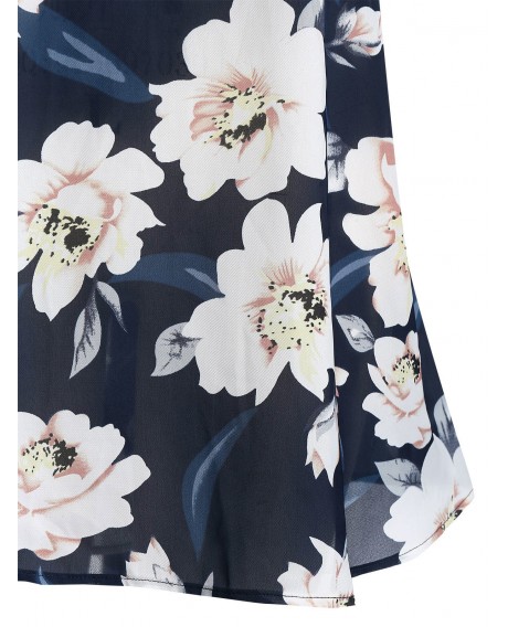 Plus Size Cold Shoulder Ruffled Floral Print Blouse - Denim Dark Blue L