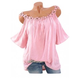 Plus Size Cold Shoulder Floral Lace Crochet Blouse - Pink 3x