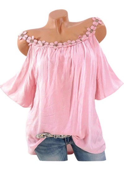 Plus Size Cold Shoulder Floral Lace Crochet Blouse - Pink 3x